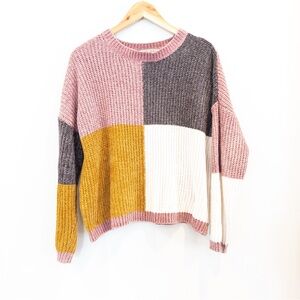 Absolutely Famous Chenille Color Block Patchwork Look Crewneck Sweater Medium